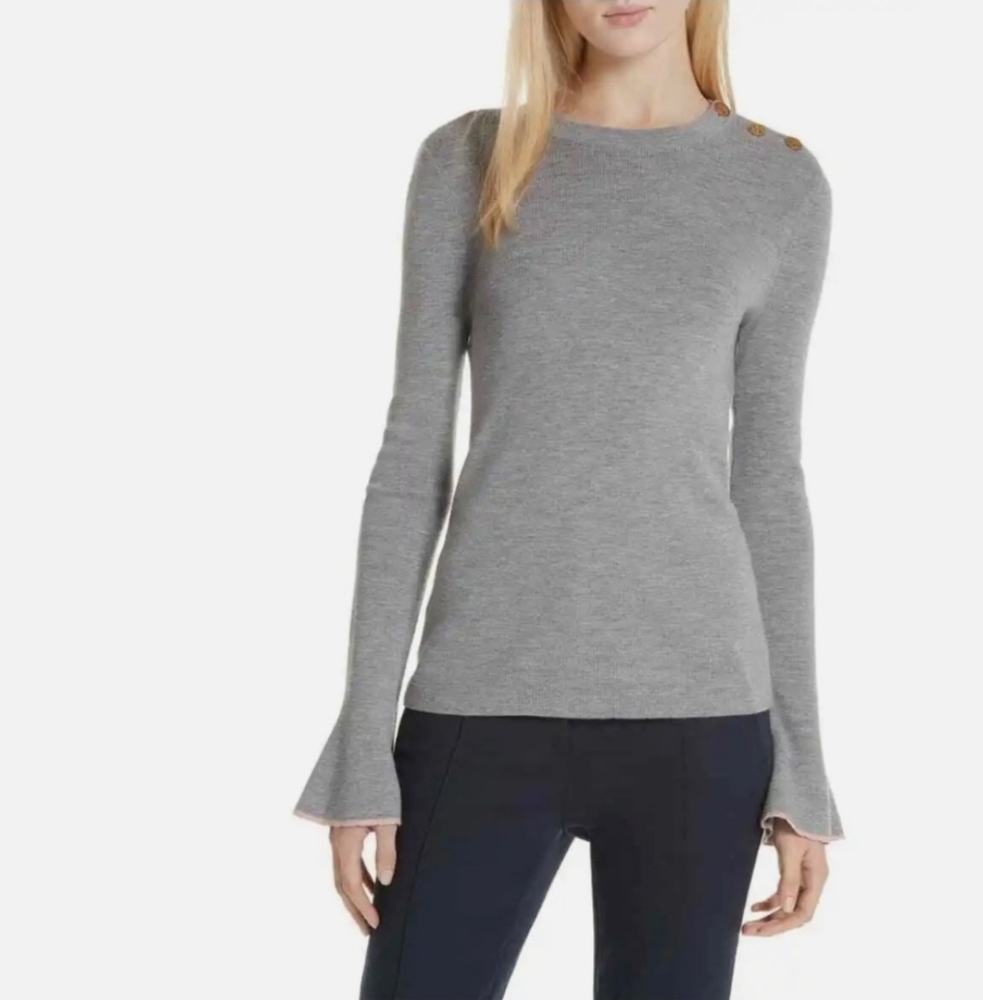 Tory Burch Gray Crew Neck Wool Sweater With Bell Sleeves Size Medium